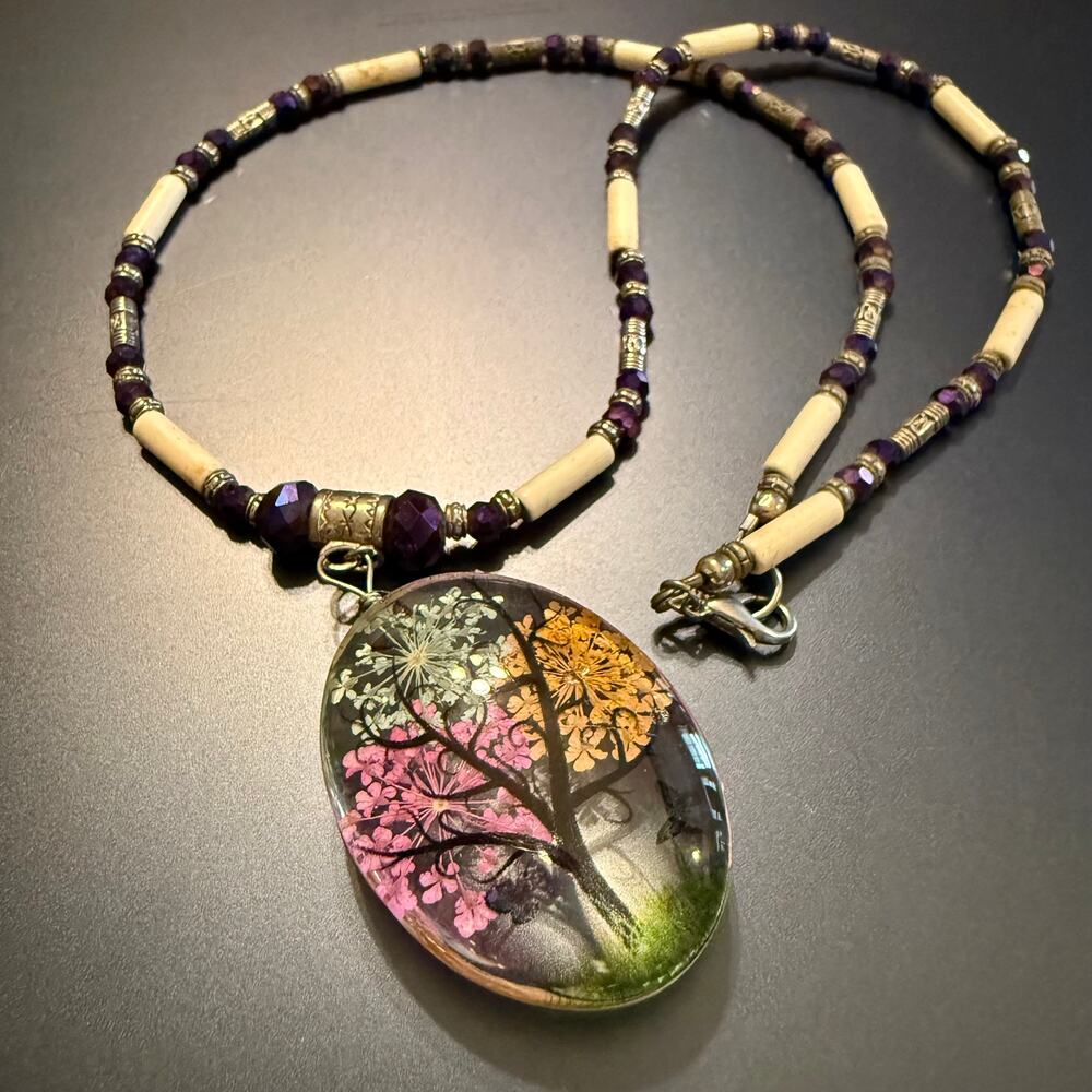 Colorful Resin Tree of Life Pendant Boho Beaded Necklace